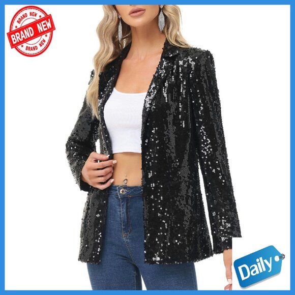Sequin Blazer Jacket Open Front Long Sleeve Sparkly Cardigan Coat